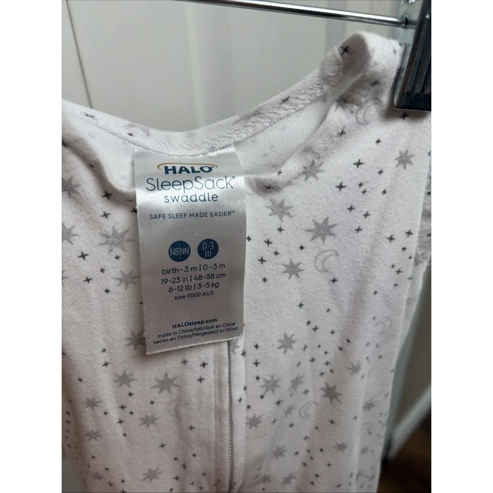 HALO SleepSack Swaddle Newborn‎ Size NB White Gray Moon Star Cotton Sleep Bag